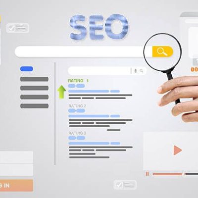 Search Engine Optimization SEO concept with ranking visualization and magnifying glass